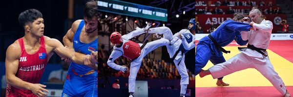 Combat sports athletes competing in Judo, Taekwondo, and Wrestling - the three Olympic combat sports supported by the SportsLink Travel and CombatAUS partnership