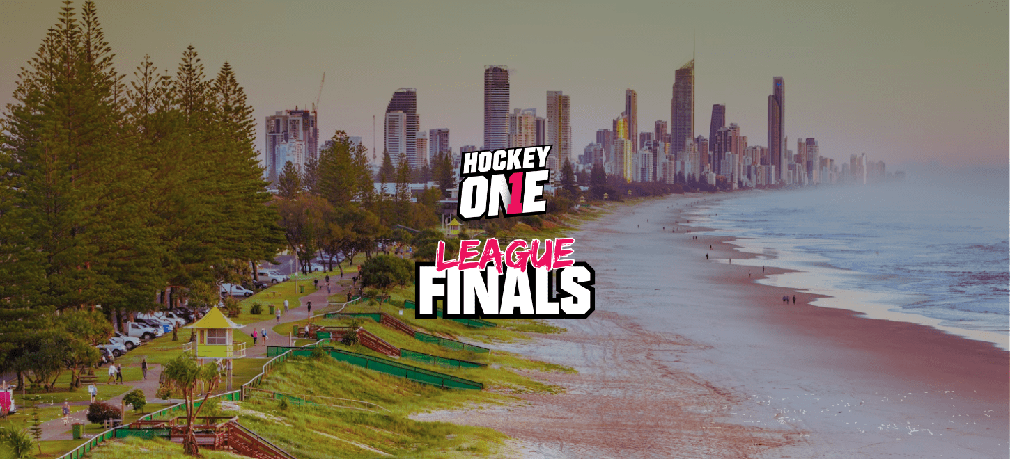 Gold Coast skyline and beach with Hockey One League Finals branding — the host destination for the 2026 championship event