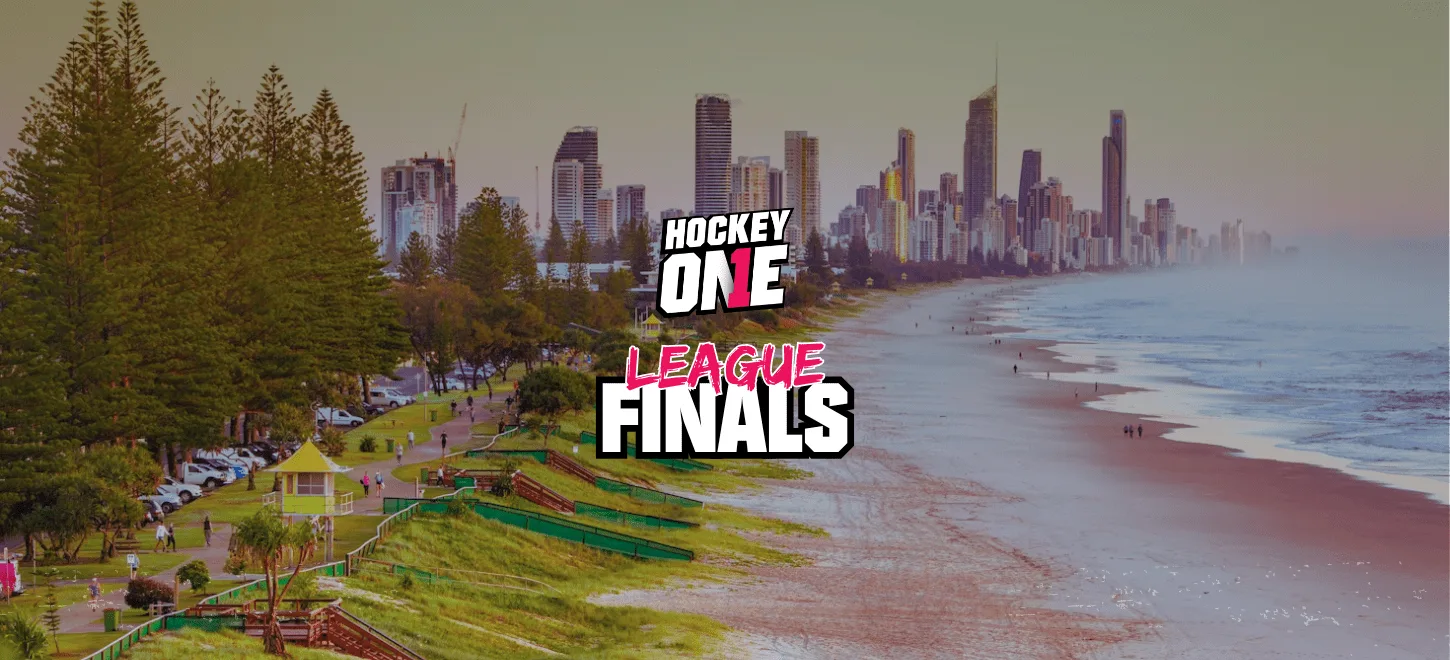 Gold Coast skyline and beach with Hockey One League Finals branding, the host destination for the 2026 championship event