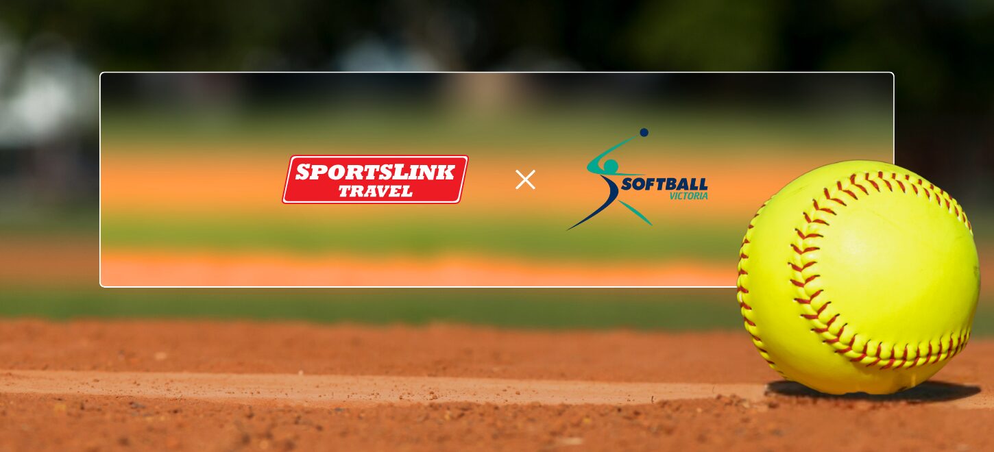 SportsLink Travel and Softball Victoria logos beside a softball, the official Softball Victoria travel partner